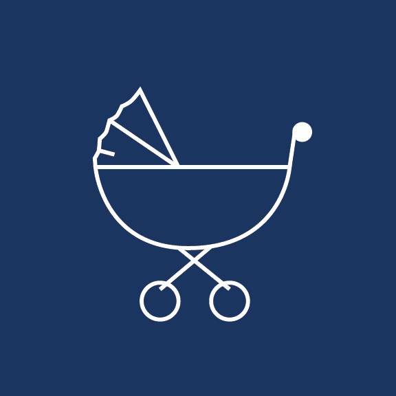 A line-drawn icon of a baby stroller.