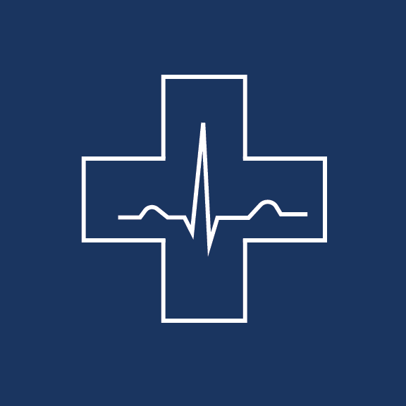 A line-drawn icon of a hospital cross with the pattern of an ekg heart beat in the center.